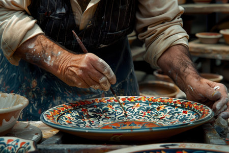 Hands skillfully crafting a vibrant landscape on canvas, surrounded by art tools and creative energyの素材