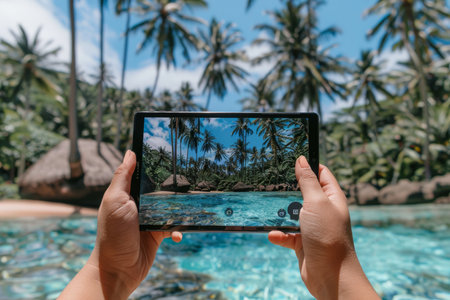 Person showcases a tablet with an image of a luxurious home amid palm trees and a poolの素材