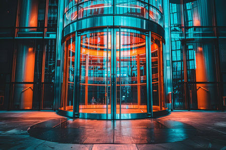 Sleek glass revolving door bathed in soft light against a modern building s chic exteriorの素材
