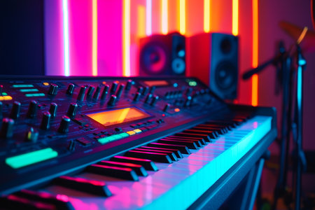 Modern Music Studio with Neon Lights, Soundproofing and Audio Equipment for Creative Recordingの素材