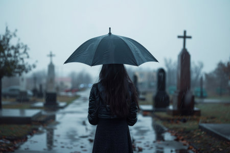 Grieving in the Rain A Solitary Farewell in a Cemetery Unveiled Beneath a Somber Skyの素材