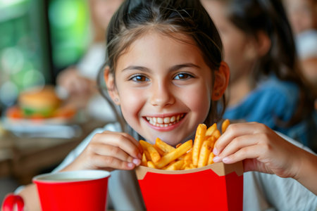 A joyful girl enjoying French fries in a restaurant captures the essence of fun dinner momentsの素材