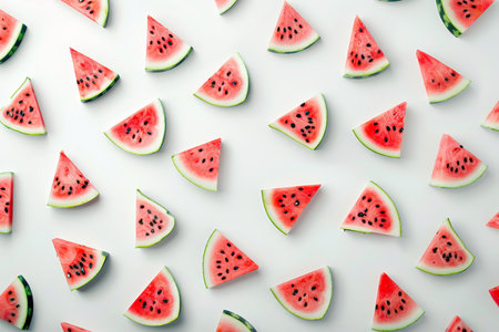 Vibrant watermelon slice arrangement against a clean white backdrop for a fresh aestheticの素材