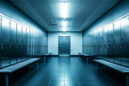 Modern locker room with metallic lockers and benches, softly lit for a spacious, clean ambianceの素材
