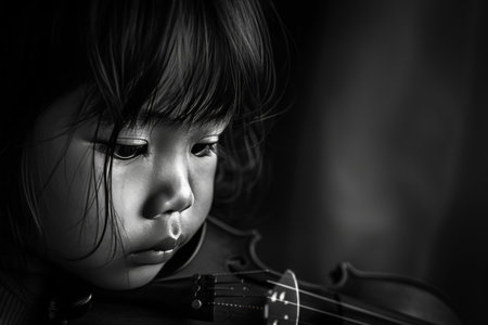 Captivating moment of children joyfully playing the violin in a vibrant outdoor settingの素材