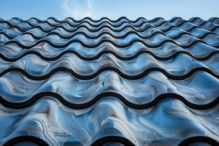 Contemporary Metallic Roof Tiles A Pattern of Modern Architectural Design Against a Clear Blue Skyの素材