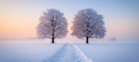 Winters Embrace A Snowy Path Winds Through Two Frosted Trees in a Serene Landscape.の素材
