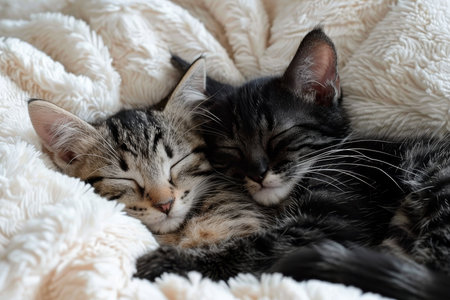 Two Adorable Kittens, One Tabby and One Black, Cuddling Together for a Nap on a Cozy White Blanketの素材