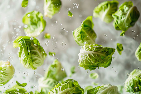 Freshly Washed Romaine Lettuce Leaves in Motion Green Vegetables Floating on White Backgroundの素材