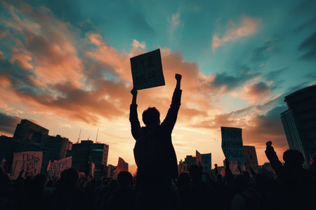 Silhouetted crowd at dusk fists raised and banners wave in protest against the evening skyの素材