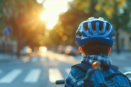 Young Boy with Helmet and Backpack on His Way to School in the Morning Sun, Safety Firstの素材