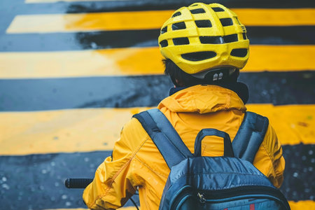 Back to School, Young Boy Cycling on Crosswalk with Backpack and Yellow Helmet on Rainy Dayの素材