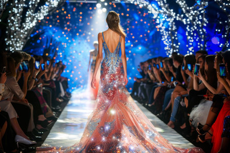 Haute Couture Fashion Show Elegant Model in Sparkling Gown, Runway, Spectators, and Vibrant Lightsの素材