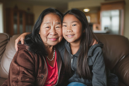 Asian Family Love Elderly Mother and Teenage Daughter Embrace on Couch, Sharing a Tender Moment.の素材