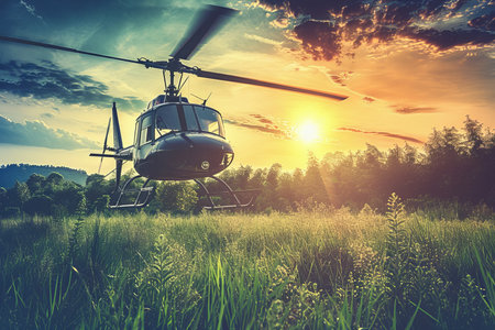 Helicopter Landing in Tranquil Field at Sunset Adventure, Travel, and Transportation Imageの素材