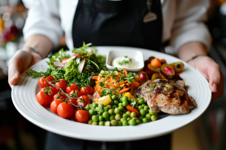 Waitress Serving Plate With Healthy Food, Grilled Chicken With Assorted Herbs, Veggiesの素材