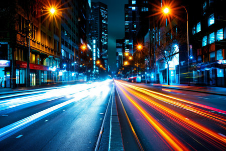 Urban Night. City Lights, Modern Architecture, Traffic Trails, and the Vibrancy of City Life,の素材