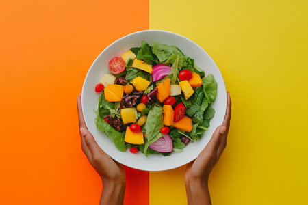 Vibrant salad in white bowl held by hands against a bright orange and yellow backgroundの素材