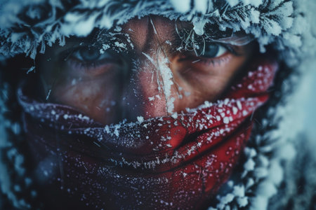 Winter portrait of a man in a red scarf and a mask.の素材