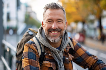 Portrait Of Smiling Mature Man With Backpack In Autumn City. Urban Lifestyle Concept.の素材