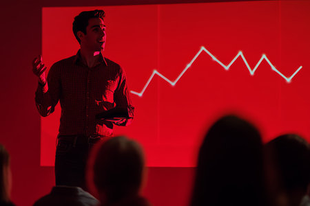 Speaker discusses financial trends with audience, highlighting rising graph on red screenの素材