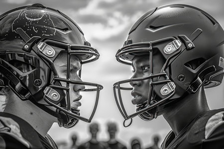 Face Off Captains of American Football Teams Locked in Intense Eye Contact Before the Gameの素材
