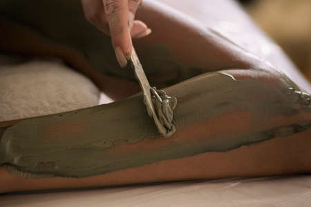 Closeup of mud mask applying. Luxury treatment.の写真素材