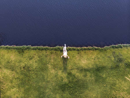 Caucasian young woman in white dress and straw hat sitting on the grass on the shore edge. Up side photo. Picture created by dji camera. High qualityの写真素材