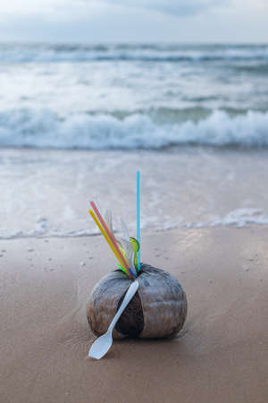 Old coconut with used plastic dishes and straws inside laying on the beach. Sea on the background. Concept of stop plastic pollution, plastic free.の写真素材