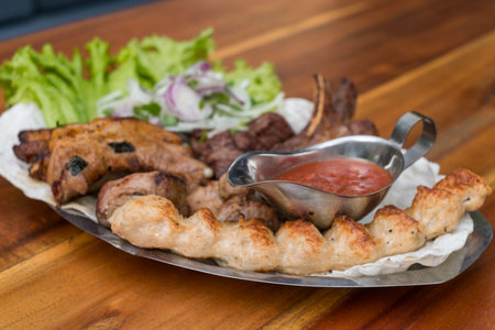 Assorted delicious grilled meat with lettuce and onion. Mixed grilled bbq meat with tomato sauce.Lamb, chicken. Top view, close up with copy space.の写真素材