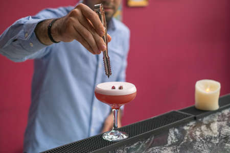 Bartender makes pink cocktail with foam in mister glass. Close up photo, process, bar, decorating. high quality photoの写真素材