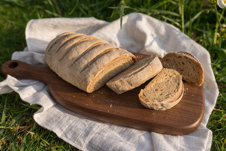 Composition of homemade white flour bread on wood board with white cloth napkin on the green grass ....