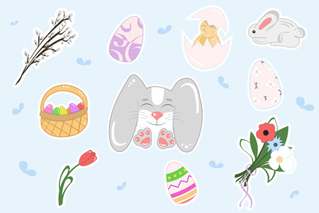 Easter set with cute bunny, eggs and flowers. Vector illustration.のイラスト素材