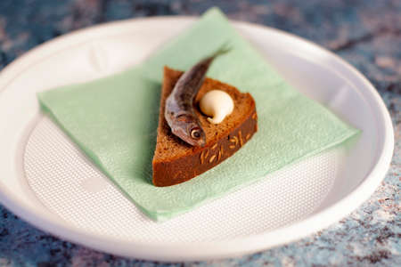 a sandwich with black bread, mayonnaise and herring lies on a white plastic plate with a paper napkin close-upの写真素材