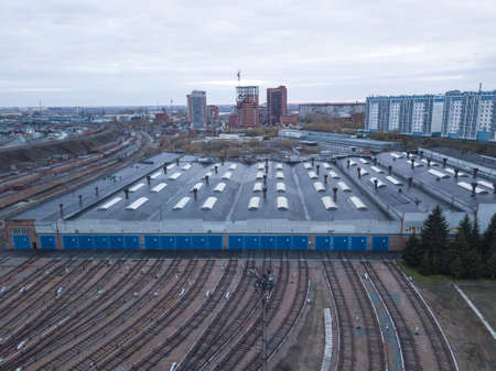 Metro railway depot in Novosibirsk, Russia with a lot of rails going to the shed. の写真素材