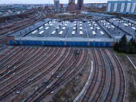 Metro railway depot in Novosibirsk, Russia with a lot of rails going to the shed. の写真素材
