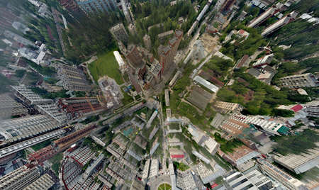 Aerial view of old and new russian buildings in green area in the city with a lot of cars and skyscrapers. Russian streets, Novosibirsk.の写真素材