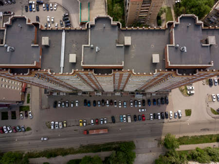 Aerial View of skyscraper with parking cars in the city. Dachnaya street, Novosibirsk.の写真素材