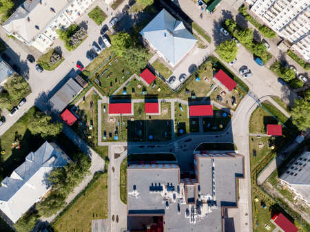 Aerial view of Kindergarten in green area in the city. Russian streets, Novosibirsk.の写真素材