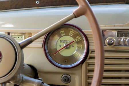 Novosibirsk, Russia - 06.07.2018: Instruments and panel of the old Russian car of the executive...