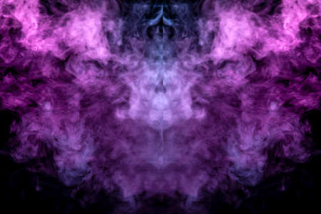 A background of symmetrical pink and white wavy smoke in the shape of a ghost's head or bird and a man of mystical appearance on a black isolated ground. Bright abstract pattern of steam from vape.の写真素材