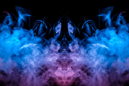 A background of pink, red and white wavy smoke in the shape of a ghost's head or a man of mystical appearance on a black isolated ground. Bright abstract pattern of steam from vape.の写真素材