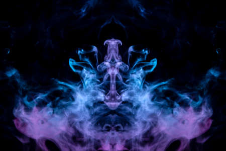 Blue flames rise up on a dark background, twisting among themselves in the image of the head of a mystical creature, evaporating smoke.の写真素材