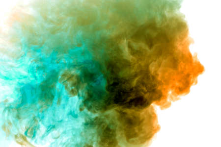 A thick column of smoke rises up as a cloud exhaled from a vape on a white background is highlighted...