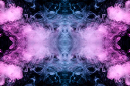 The cosmic dust uniting in a fascinating pattern, interlaced with smooth waves of smoke, exuding vape, shimmering violet, pink, blue color on a dark background. T-shirt print.の写真素材