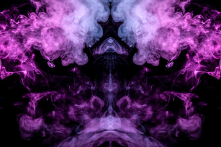 A background of red and purple wavy smoke in the shape of a ghost's headÐ· of mystical appearance on a black isolated ground. Bright abstract pattern of steam from vape. T-shirt print.の写真素材