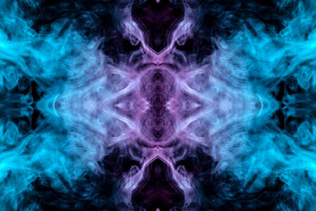 The cloud of dynamic smoke exhaled from the vape is highlighted with pink blue and violet pattern...