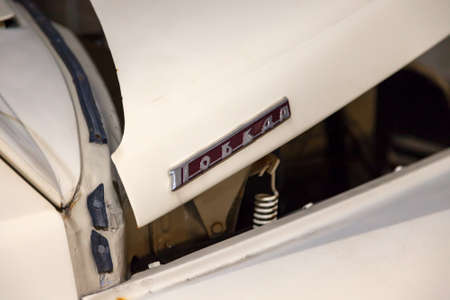 Novosibirsk, Russia - 01.30.2019: Close-up on the label on the hood with the name of the old Russian...