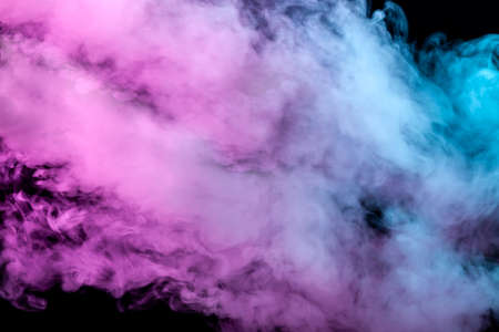Translucent, thick smoke, illuminated by light against a dark background, divided into three colors: blue, green and purple, burns out, evaporating from a steam of vape for T-shirt printの写真素材