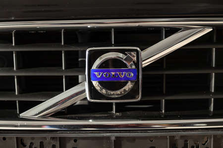 Novosibirsk, Russia - 08.01.18: Front radiator grille view of black used Volvo S60 car stands in the auto showroom sale after washing and detailingのeditorial素材